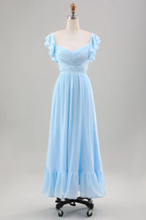 Himmelblaues A-Linie Chiffon Hochzeitsgastkleid mit Rüschenärmeln